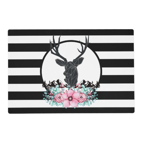 Black Deer Head w Pink Flowers  Mountains Placemat