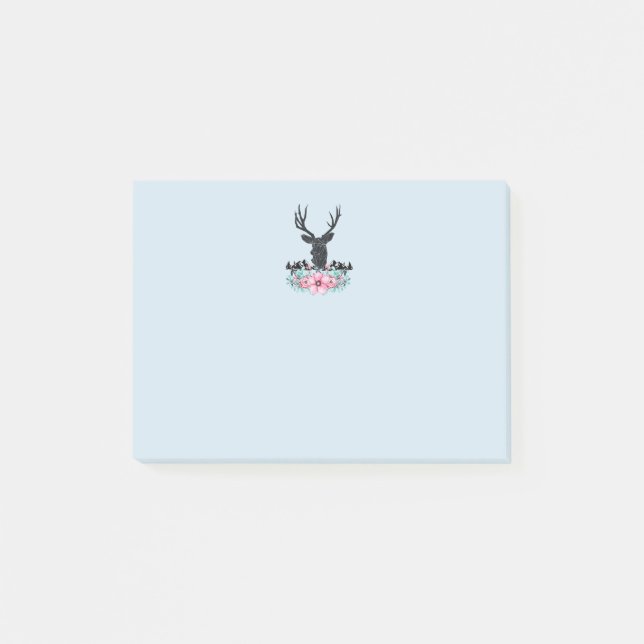 Black Deer Head w/ Pink Flowers & Mountains Post-it Notes (Front)
