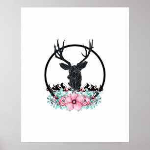 Black Deer Head w/ Pink Flowers & Mountains Poster