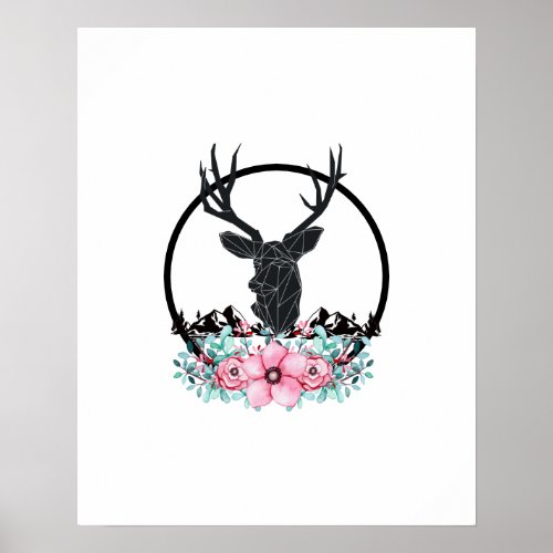 Black Deer Head w Pink Flowers  Mountains Poster