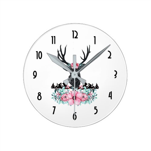 Black Deer Head w/ Pink Flowers &amp; Mountains Round Clock