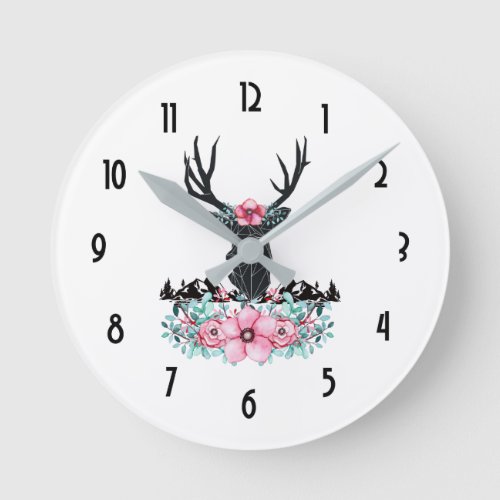 Black Deer Head w Pink Flowers  Mountains Round Clock