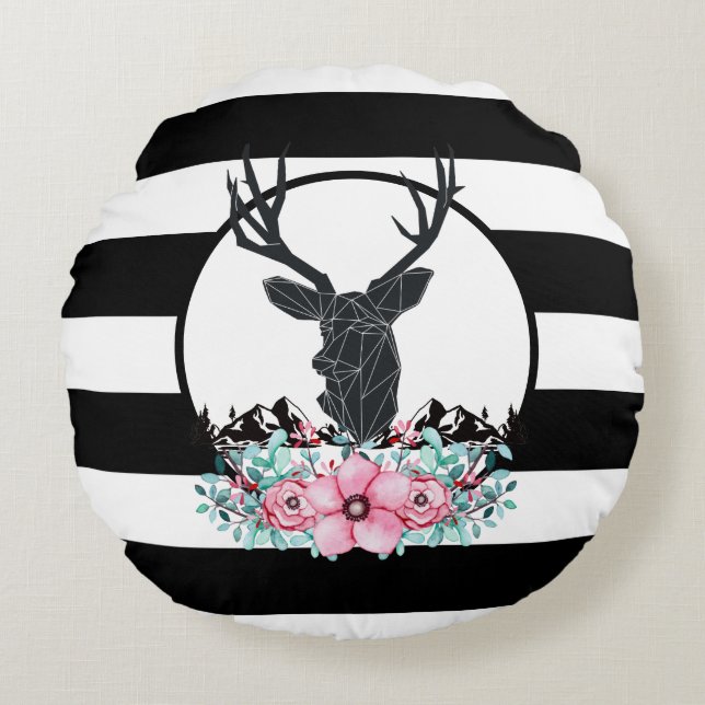Black Deer Head w/ Pink Flowers & Mountains Round Pillow (Front)