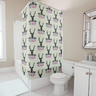 Black Deer Head w/ Pink Flowers & Mountains Shower Curtain