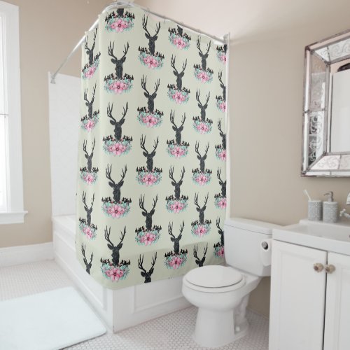 Black Deer Head w Pink Flowers  Mountains Shower Curtain