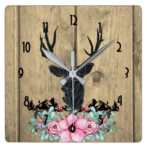 Black Deer Head w/ Pink Flowers &amp; Mountains Square Wall Clock