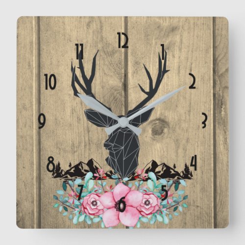 Black Deer Head w Pink Flowers  Mountains Square Wall Clock