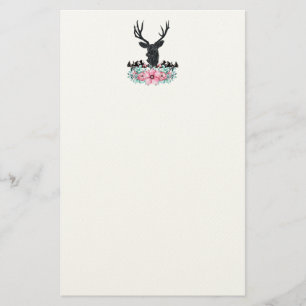 Black Deer Head w/ Pink Flowers & Mountains Stationery