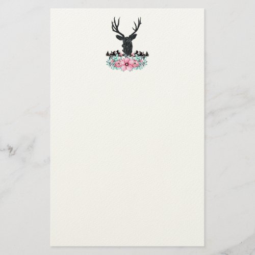 Black Deer Head w Pink Flowers  Mountains Stationery