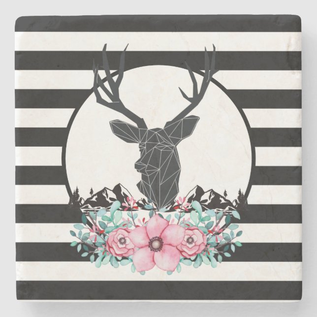 Black Deer Head w/ Pink Flowers & Mountains Stone Coaster (Front)