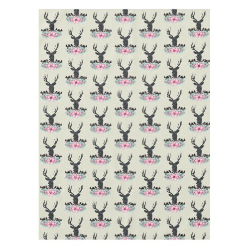Black Deer Head w Pink Flowers  Mountains Tablecloth