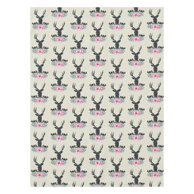 Black Deer Head w/ Pink Flowers & Mountains Tablecloth (Front)