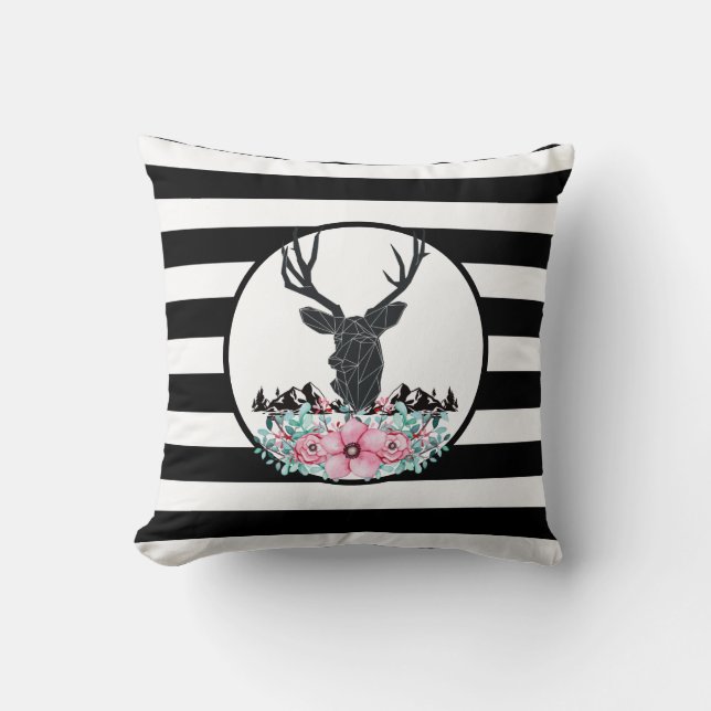 Black Deer Head w/ Pink Flowers & Mountains Throw Pillow (Front)