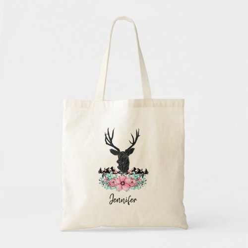 Black Deer Head w Pink Flowers  Mountains Tote Bag