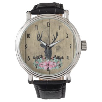 Black Deer Head W/ Pink Flowers & Mountains Watch by AxisMundi at Zazzle