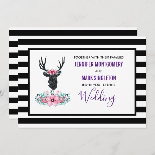 Black Deer Head w Pink Flowers Wedding Invitation