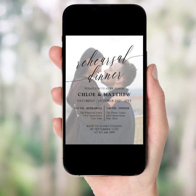 Black Delicate Calligraphy Photo Rehearsal Dinner Invitation (Front Digital)