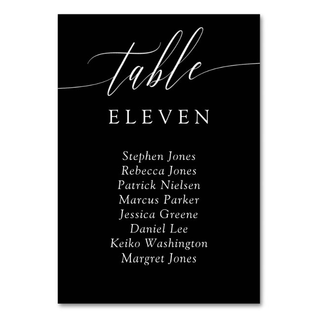 Black Delicate Calligraphy Table Number Guests (Front)