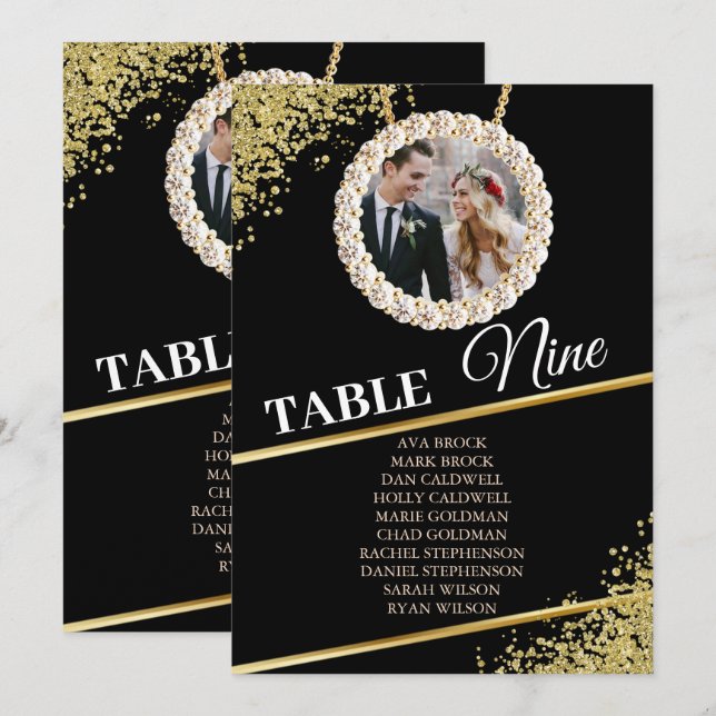 Black Delicate Elegant Photo Seating Chart Card (Front/Back)