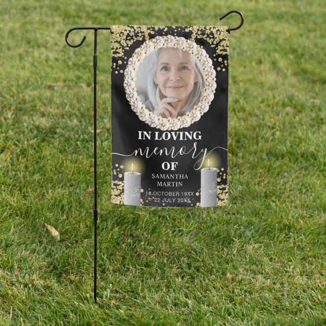 Black Delicate Glitter Photo Memorial Cemetery Garden Flag (In SItu)
