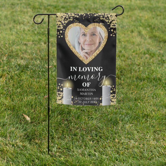 Black Delicate Gold Heart Photo Memorial Cemetery Garden Flag (In SItu)