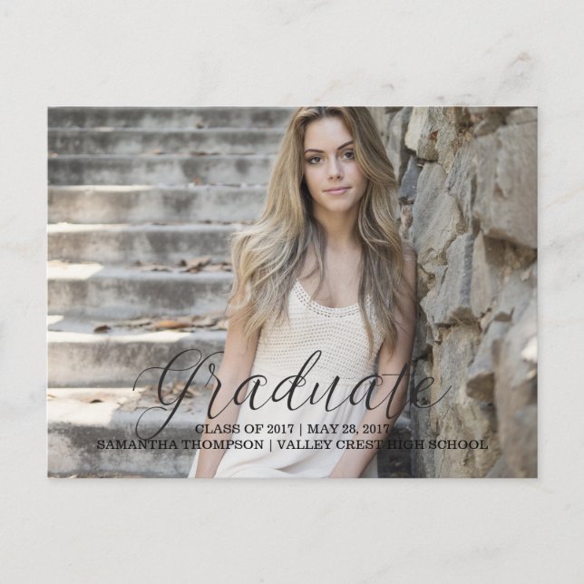 Black Delicate Script Photo Graduation Postcard (Front)