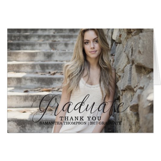 Black Delicate Script Photo Graduation Thank You Cards (Front Horizontal)