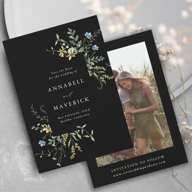 Black Delicate Wildflower Boho Wedding Photo Save The Date (Front & Back)