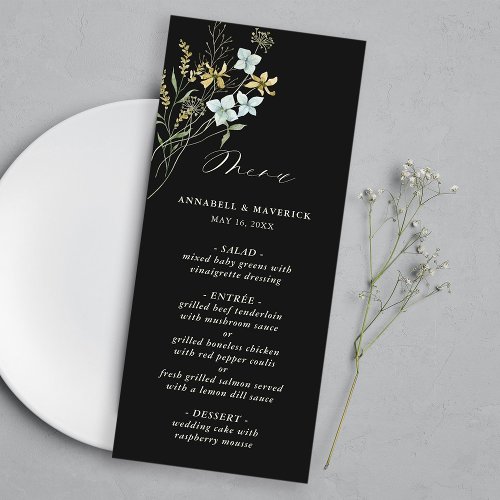 Black Delicate Wildflower Modern Boho Wedding Menu