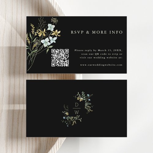 Black Delicate Wildflower Modern Boho Wedding RSVP Enclosure Card