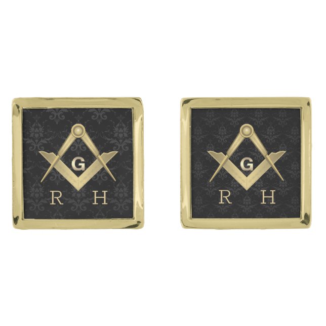 Black Demask Masonic Monogrammed Cufflinks (Front)