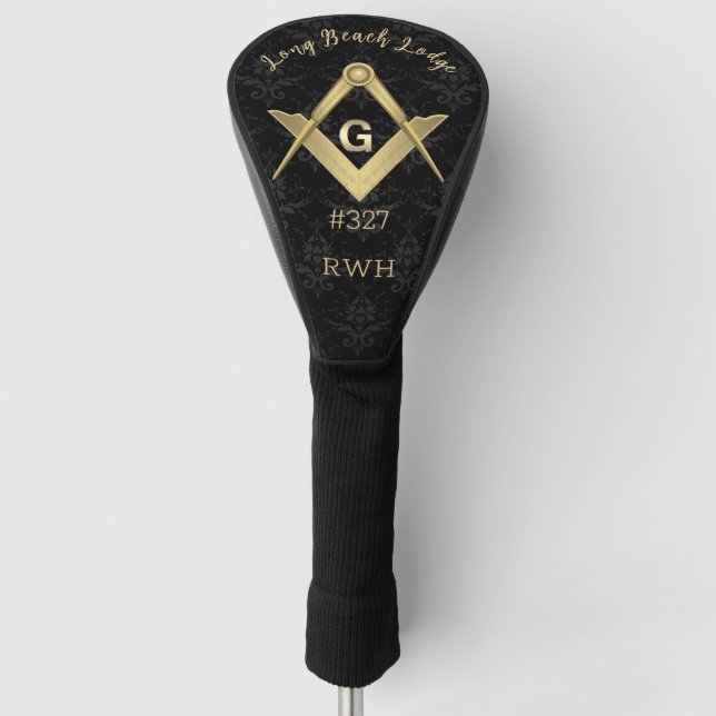 Black Demask Masonic Monogrammed Golf Head Cover (Front)