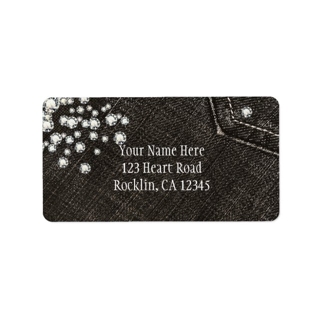 Black Denim & Diamonds Glam Crown Party Favor Label (Front)