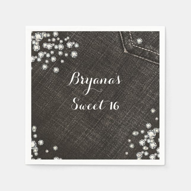 Black Denim & Diamonds Glam Crown Party Paper Napkins (Front)