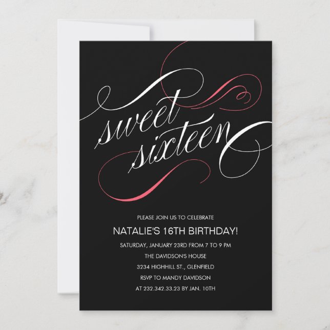 Black Designer Sweet Sixteen Invitations (Front)