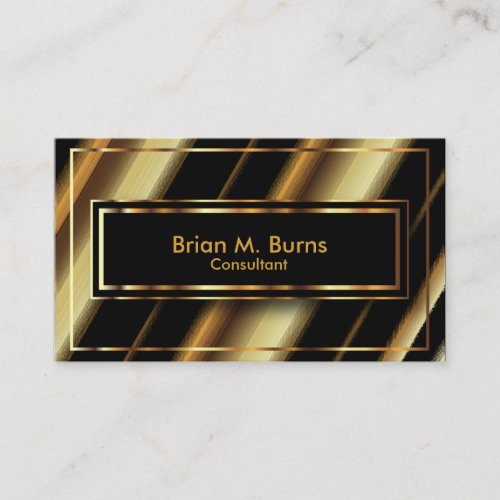 Black Diagonal Stripes and Metallic Gold Lines Business Card
