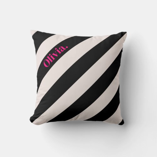 Black Diagonal Stripes Hot Pink Name Throw Pillow