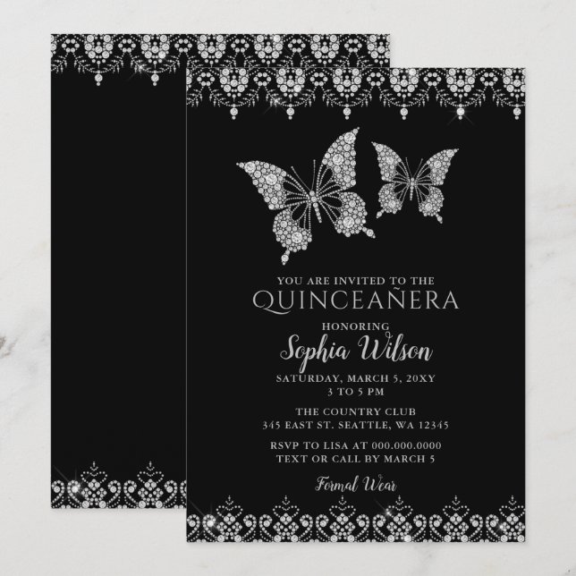  Black Diamante Lace Butterflies Quinceañera  Invitation (Front/Back)