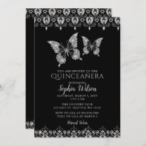 Black Diamante Lace Butterflies Quinceañera  Invitation