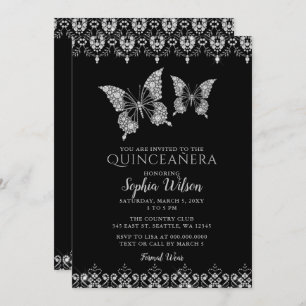 Black Diamante Lace Butterflies Quinceañera  Invitation