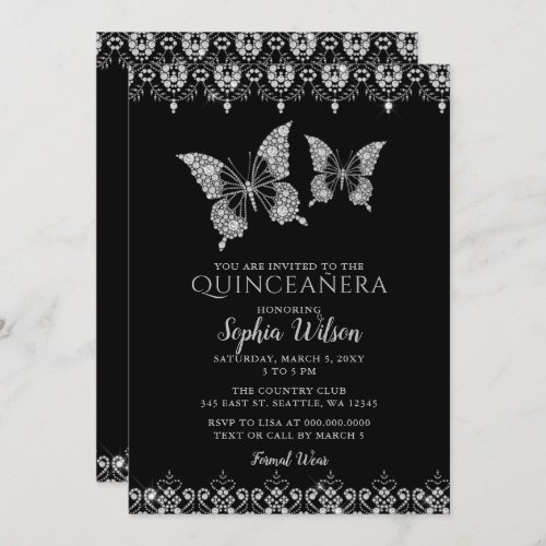  Black Diamante Lace Butterflies Quinceaera  Invitation