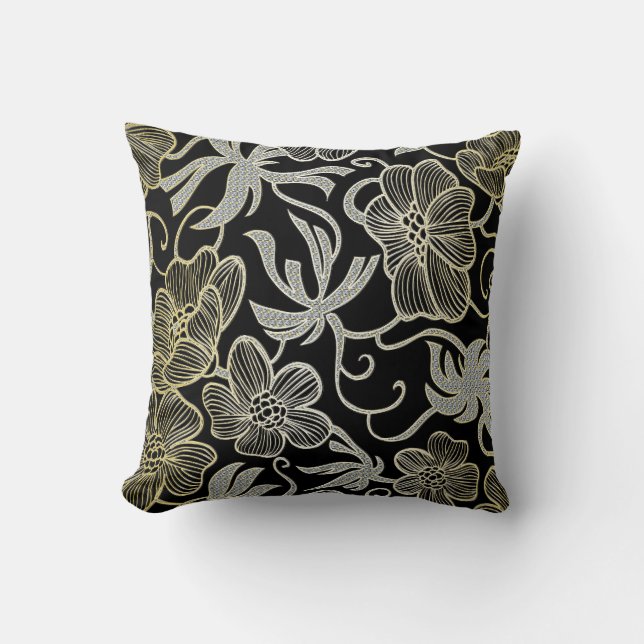 Black Diamond And Gold Floral Damask Design Throw Pillow (Front)