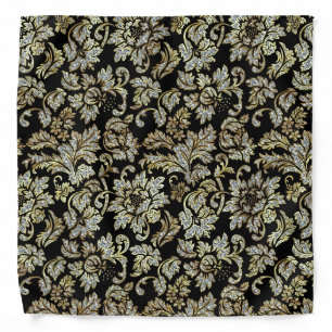 Black Diamond And Gold Floral Damasks Pattern Bandana