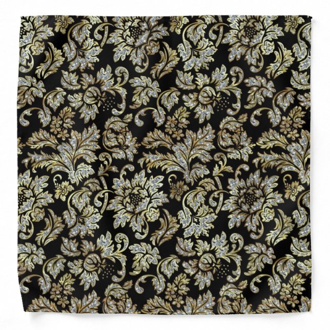 Black Diamond And Gold Floral Damasks Pattern Bandana (Front)