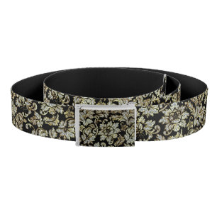 Black Diamond And Gold Floral Damasks Pattern Belt