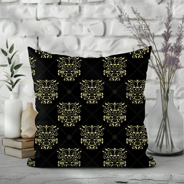 Black Diamond Damask Pattern Throw Pillow (Creator Uploaded)