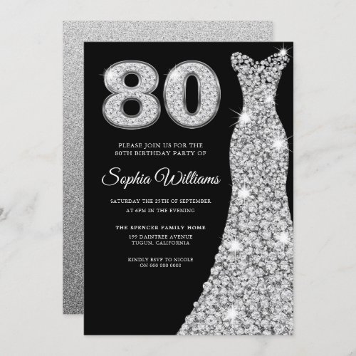 Black Diamond Dress Womans 80th Birthday Party  Invitation