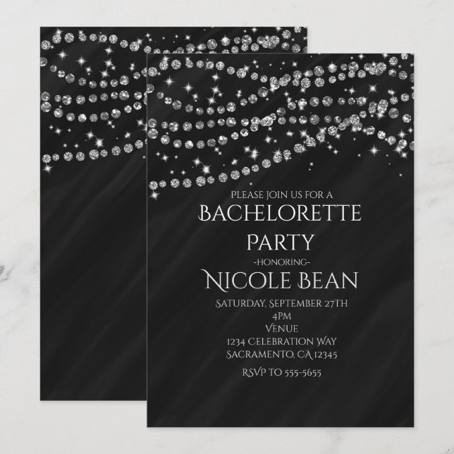 Black & Diamond Glamour Sparkle Party Invitations (Front/Back)