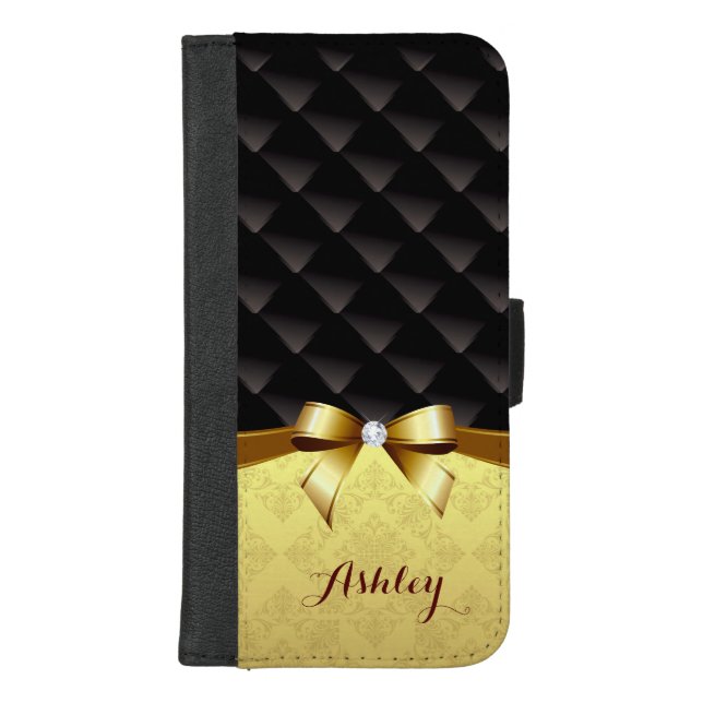 Black Diamond Golden Ribbon Damask Monogram Name iPhone Wallet Case (Front)
