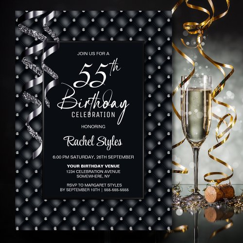 Black Diamond Pattern 55th Birthday Party Invitation